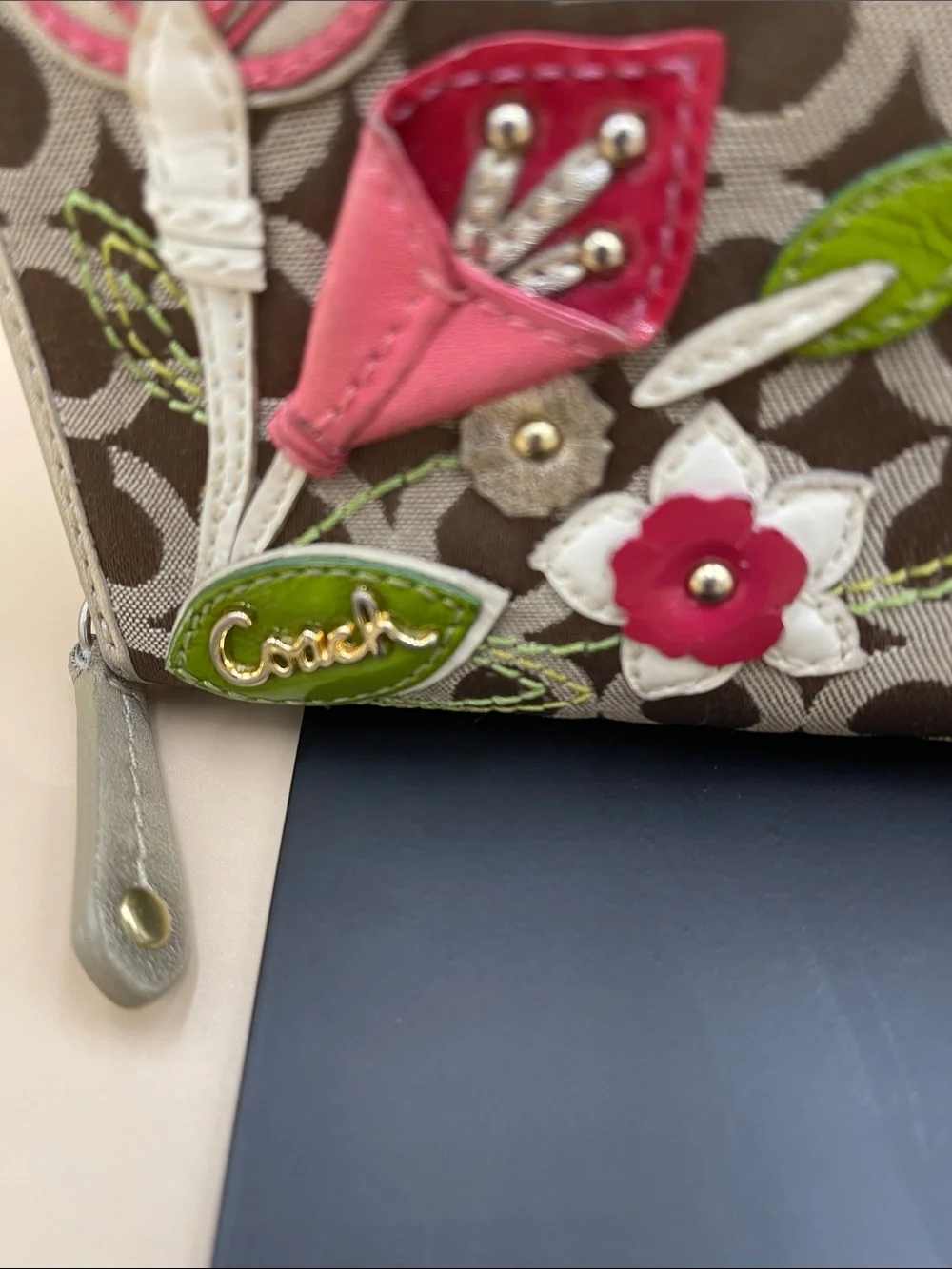 RARE Coach Brown Signature Floral Zip Wallet with Pink and Green Appliqués